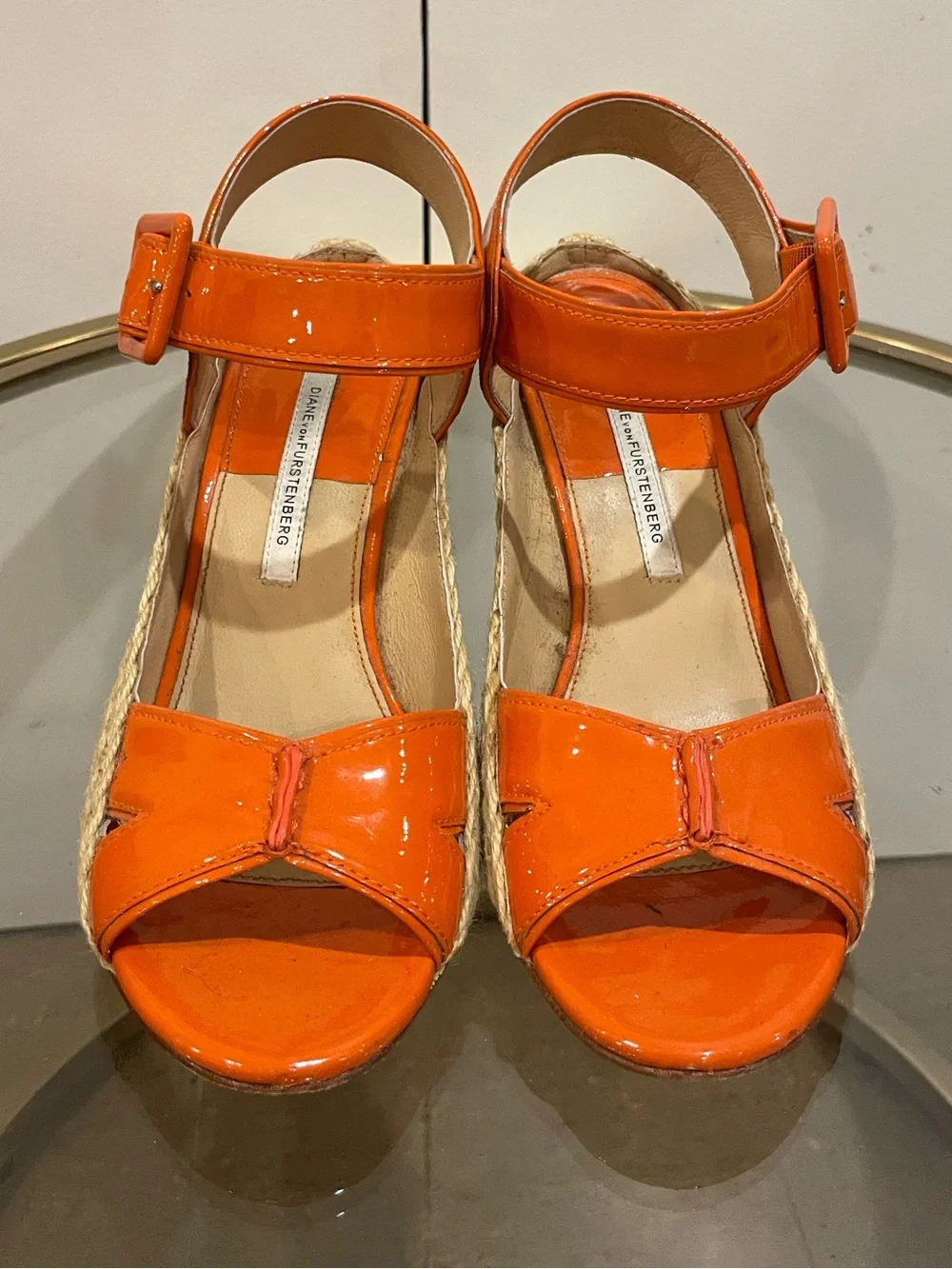 Diane Von Furstenberg Orange Patent Leather Wedge Espadrille, Size 8